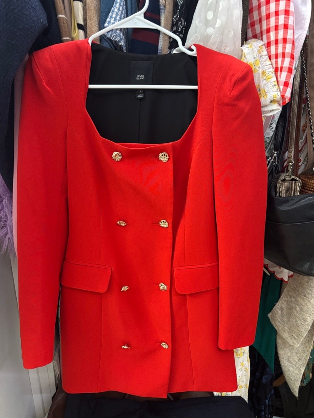 River Island Red Double-Breasted Blazer Jacket with Gold Buttons